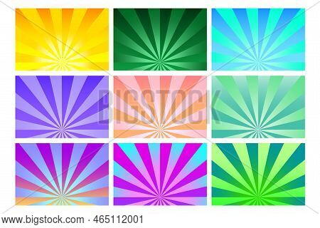 Colored Rays Backgrounds. Geometric Pattern. Explosion Effect. Light Effect Set. Cartoon Style. Vect