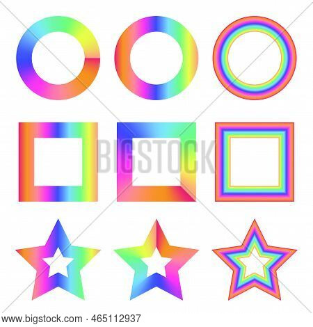 Colored Iridescent Figures. Trendy Set. Geometric Form. Round Shape. Holographic Background. Vector 