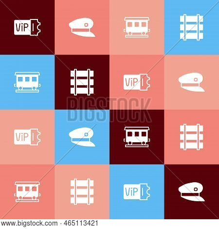Set Pop Art Train Ticket, Driver Hat, Passenger Train Cars And Railway, Railroad Track Icon. Vector
