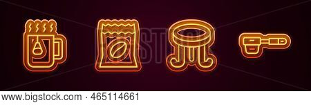Set Line Cup Of Tea With Bag, Bag Coffee Beans, Coffee Table And Filter Holder. Glowing Neon Icon. V