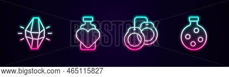 Set Line Magic Stone, Bottle With Love Potion, Handcuffs And . Glowing Neon Icon. Vector