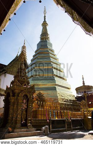 Ancient Stupa Or Antique Chedi For Thai People Foreign Travelers Travel Visit And Respect Praying Bl