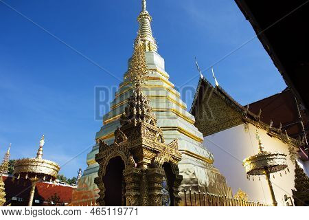 Ancient Stupa Or Antique Chedi For Thai People And Foreign Travelers Travel Visit And Respect Prayin