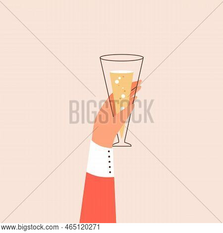 Hand Holds Glass Of Sparkling White Wine Or Prosecco, Flat Vector Illustration Isolated On Beige Bac