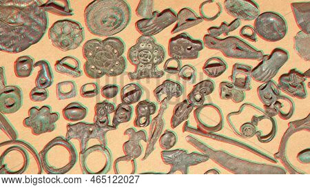 Scythian Animal Style. Anaglyph Effect. Background Of Many Ancient Scythian Items.