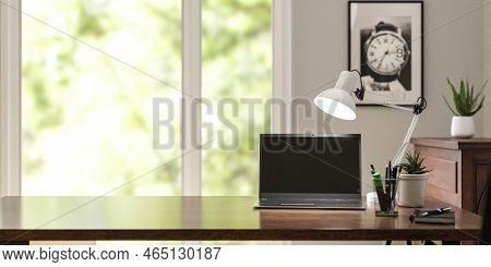 Modern Office Desk In Home Office With Pens, Notebook And Lamp 3d Render Illustration