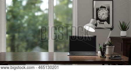 Modern Office Desk In Home Office With Pens, Notebook And Lamp 3d Render Illustration