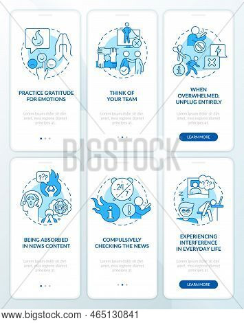 Media Fatigue Blue Onboarding Mobile App Screen Set. Infoxication Walkthrough 3 Steps Editable Graph