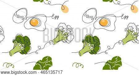 Broccoli And Fried Eggs Vector Keto Diet Breakfast Pattern Or Texture. One Continuous Line Art Drawi
