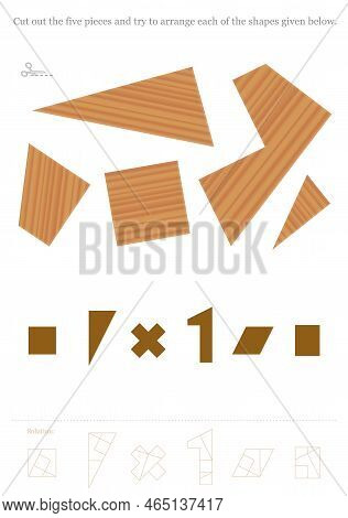 Tiling Puzzle To Cut Out And To Arrange Different Geometrical Shapes Like Triangle, Square, Cross Or