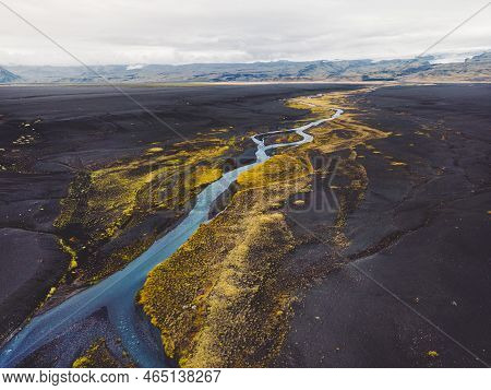 Black Volcanic Land Of Iceland - Aerial View