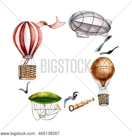 Frame Of Retro Tansports Watercolor Illustration Isolated On White Background.