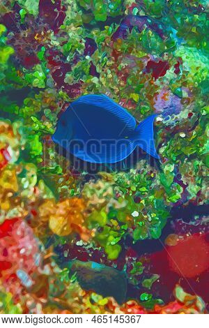 Digitally Created Watercolor Painting Of A Blue Tang Fish Feeding On The Ocean Bottom