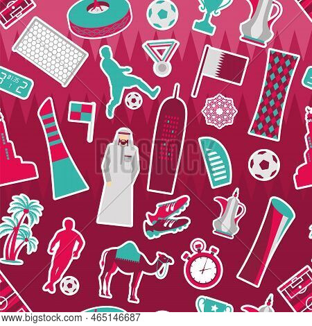 Qatar. National Day. Soccer Football Theme. Seamless Pattern Fabric Cover Trend Flat Desig On Red.