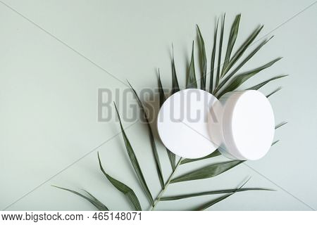 Two Boxes Of Cream With Palm Leaf On A Colored Background, Top View