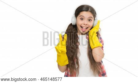 Make Household More Joyful. Cleaning Routine. Girl Wear Headphones And Gloves For Cleaning. Listenin