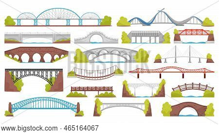 Bridge Of Wood, Stone And Metal As Structure For Spanning Physical Obstacle Vector Set
