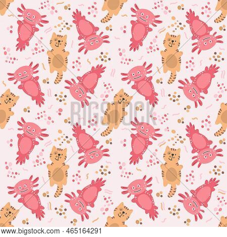 Seamless Pattern With Cute Axolotl And Cat