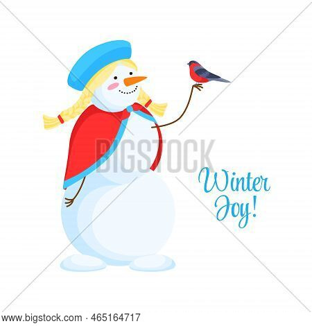 Vector Design Of Christmas Greeting Card With The Girl Snowman With A Snowbird. Winter Holiday Celeb