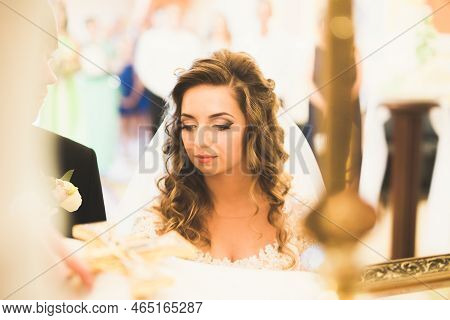 Wedding Couple Bide And Groom Get Married In A Church