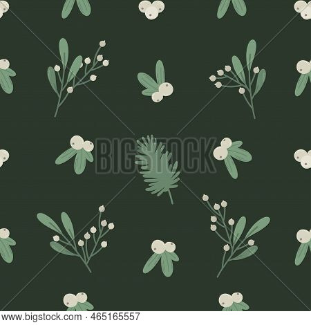 Seamless Pattern With Branch, Snowberry And Plants
