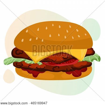 Hand Drawn Vector Yammy Burger With Meat, Cheese, Tomatoes, Ketchup And Sesame. Fast Food Illustrati