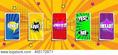 Vector Colorful Background In Pop Art Retro Comic Style. Vector Trendy Editable Set Of Templates For