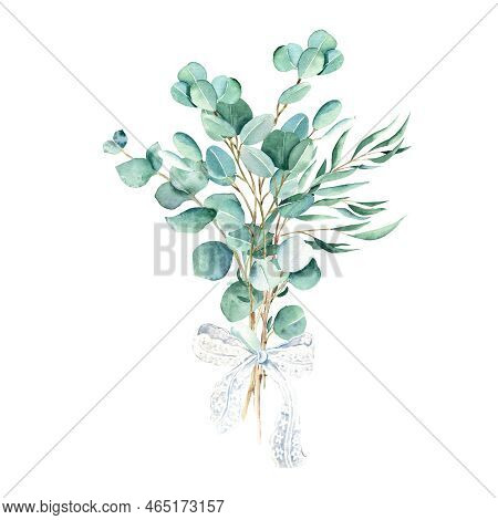 Eucalyptus Watercolor Bouquet. Willow, Silver Dollar, True Blue Branches With White Lace Bow. Hand D