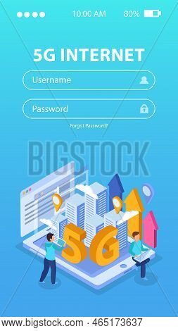 5g Internet Composition With Houses People Gadgets And Log In Form On Blue Background 3d Vector Illu