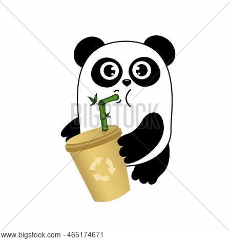 Cute Cartoon Panda  With Eco Paper Cup And Recykling. Funny Character For Your Design. Green Energy