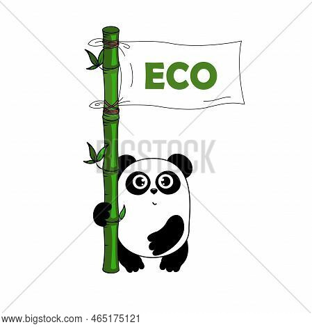 Cute Cartoon Panda  With Eco Bamboo Flag. Funny Character For Your Design. Green Energy Concept. Pan