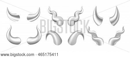 White Horns Of Devil, Bull, Cow, Buffalo Realistic Set.