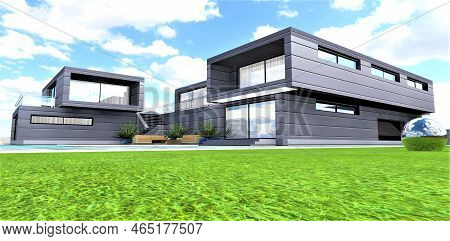 Luxury Design Cottage Constructed In Ecologicaly Clean Region. Spaciouse Territory Of Hte Estate. 3d