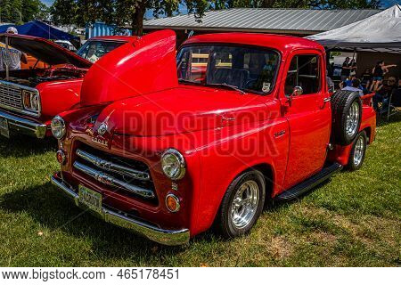 Des Moines, Ia - July 02, 2022: High Perspective Front Corner View Of A 1954 Dodge C1 B6 Pickup Truc