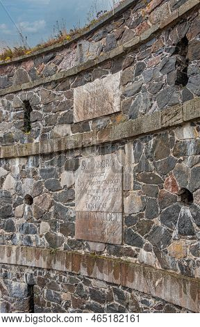 Helsinki, Finland - July 19, 2022: Suomenlinna Fortress. Closeup, King Fredrik Memorial Plaque Set I