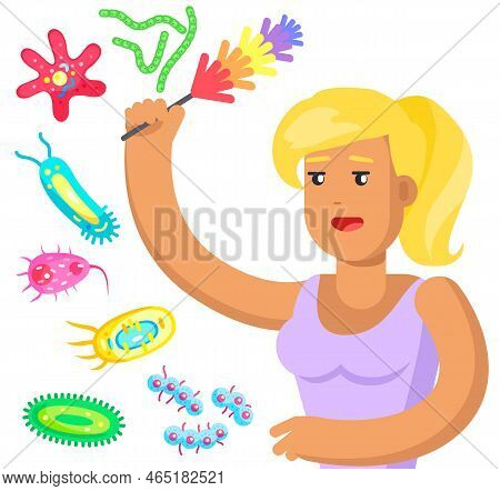Home Cleaning Poster With Housekeeping Woman. Lady With Pipidaster In Hand Fighting Germs And Dust. 