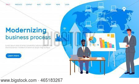 Modernizing Business Process Website Template. People Working On Global Network. Work With World Map