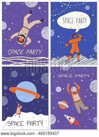 Postcards With Atronauts And Rockets. Greeting Cards Or Invitations To Party In Cosmic Style. Creati