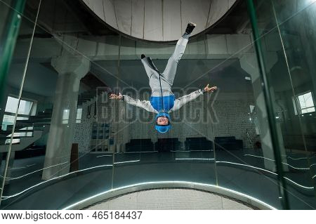 A Woman Flies In A Wind Tunnel. Free Fall Simulator.