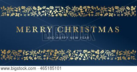 Merry Christmas And Happy New Yera Greeting Card. Golden Hand Drawn Floral Frame, Border. Fir Tree B