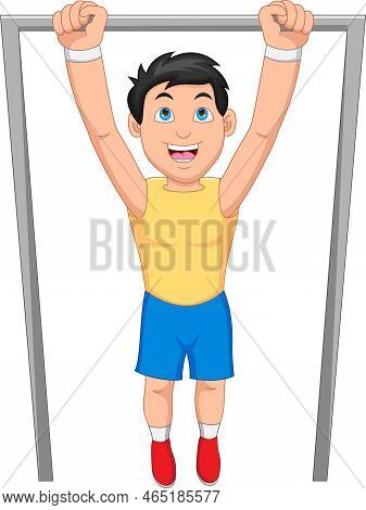 Young Boy Doing Pull Up Exercise On White Background