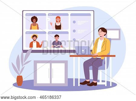 Virtual Meeting Concept. Man With Laptop Holds Video Call Or Conference, Communicates With Friends A