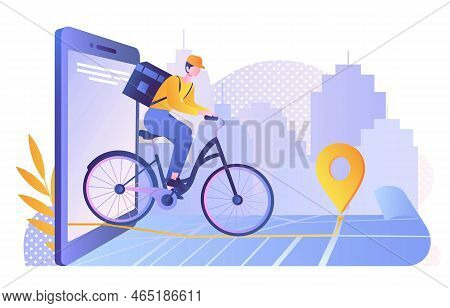 Delivery Service Concept. Man On Bicycle Rides Out On Smartphone Screen. Transportation And Logistic