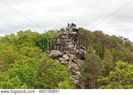 Blankenburg, Germany - May 23, 2021: Grossvater Rock On Sandstone Rock Formation Teufelsmauer In Har