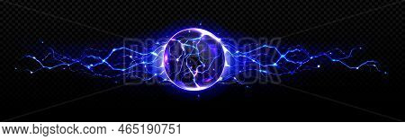 Electric Ball With Blue Energy Discharge Strikes, Round Lightning Or Thunderbolt Circle, Plasmic Sph