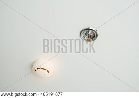 Fire Sprinkler And Smoke Sensor Detector Mounted On Roof In Home Or Apartment. Safety And Conflagrat