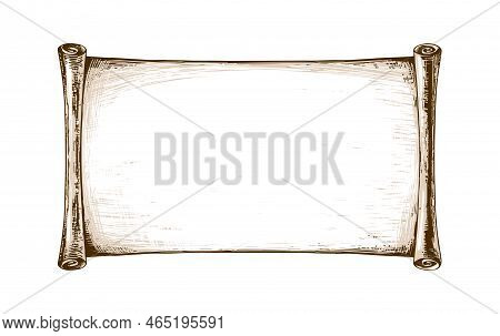 Scroll Of Old Parchment, Paper In Roll, Vintage Drawing With Place For Text. Stry Vector Line Drawin