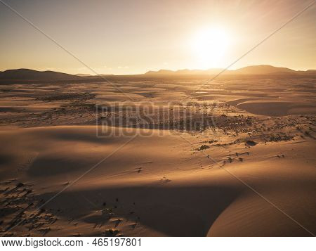 Beautiful Desert And Dunes View From Above With Sun And Shadows On The Sand - Amazing Nature Outdoor