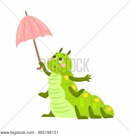 Cute Caterpillar Hiding From The Rain Under An Umbrella, Cartoon Illustration. Funny Little Green Wo