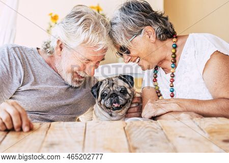 People And Dog Concept With Couple Of Happy Couple Of Senior Mature Man And Woman Smiling And Having